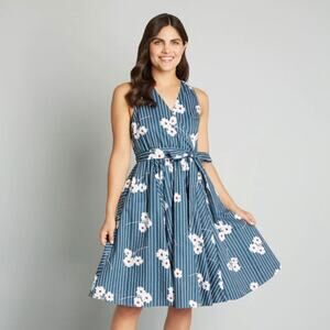 MODCLOTH Instant Energy Faux-Wrap Dress Blue Floral Stripe {3K51}